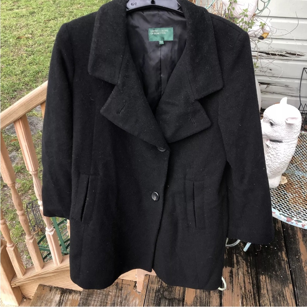 United Colors Of Benetton Black Wool Pea Coat 44 Button Jacket Vintage 80s 90s